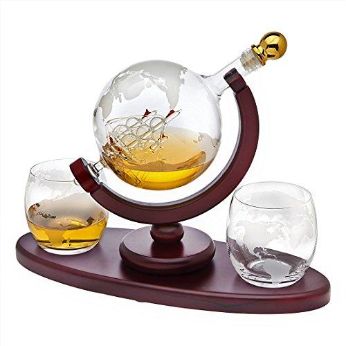 Whiskey Decanter Globe Set with 2 Etched Globe Whisky Glasses