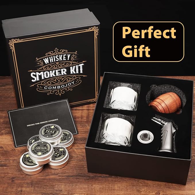 Whiskey Smoker Kit with Torch – 6 Flavors, 2 Glasses, Ice Ball Molds – Smoked Whiskey