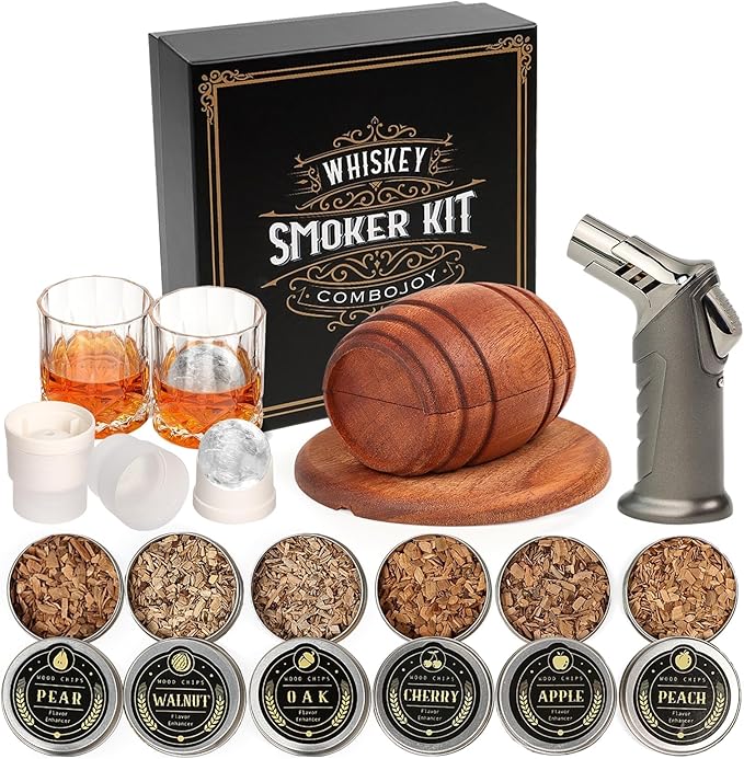 Whiskey Smoker Kit with Torch – 6 Flavors, 2 Glasses, Ice Ball Molds – Smoked Whiskey